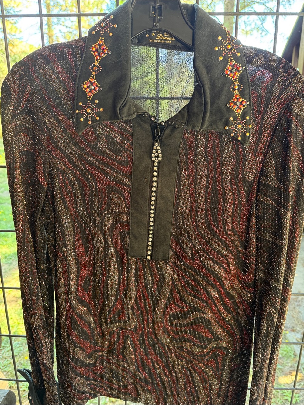 Metallic Red and Black Metallic Long Sleeve Top with Embellish
